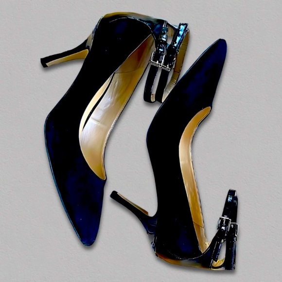 Audrey Brooke Stiletto Heels Suede Patent Trim Pointed Toe Double Strap Black - Picture 6 of 13